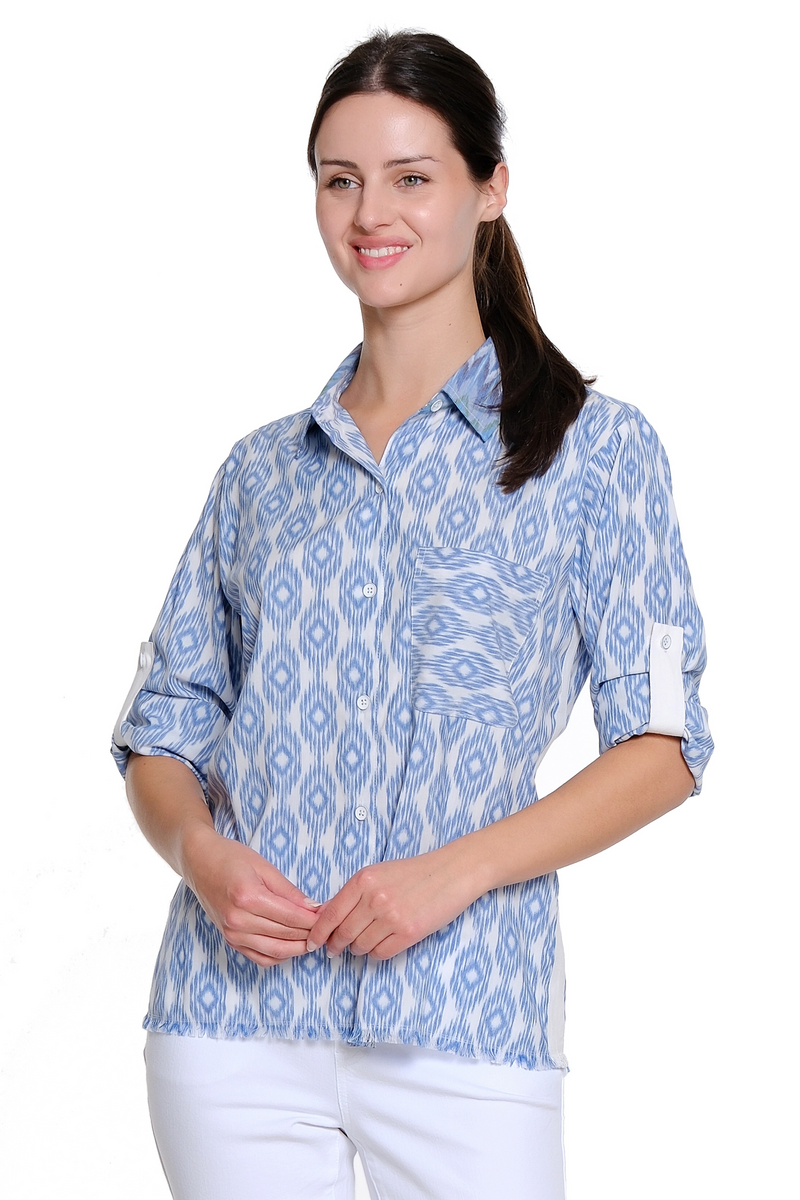 Tape Trim Print Shirt - Blue