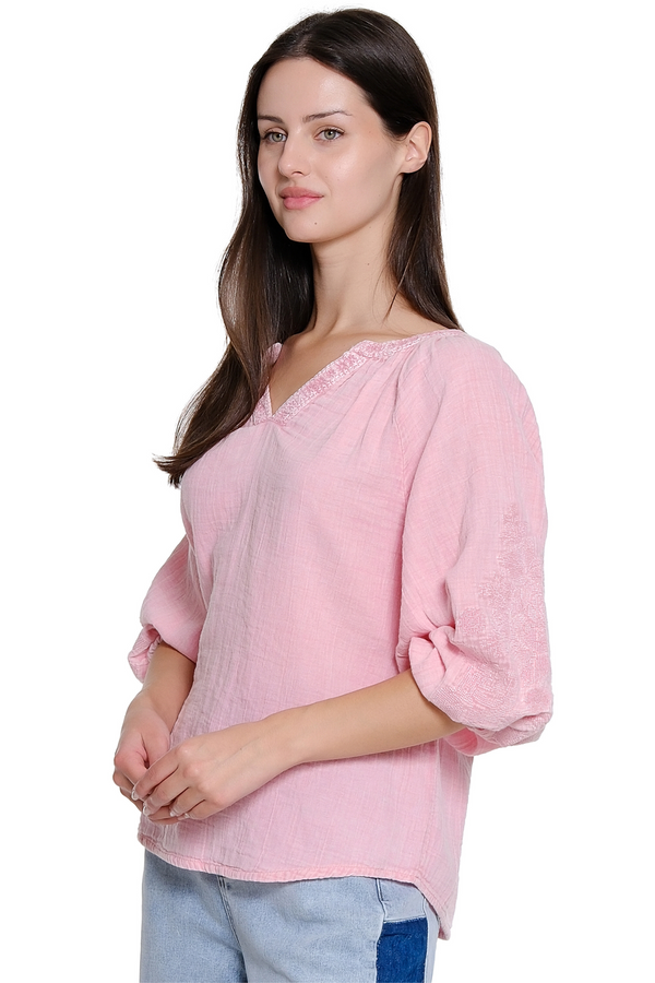 Embroidered Sleeve Popover Top - Light Pink