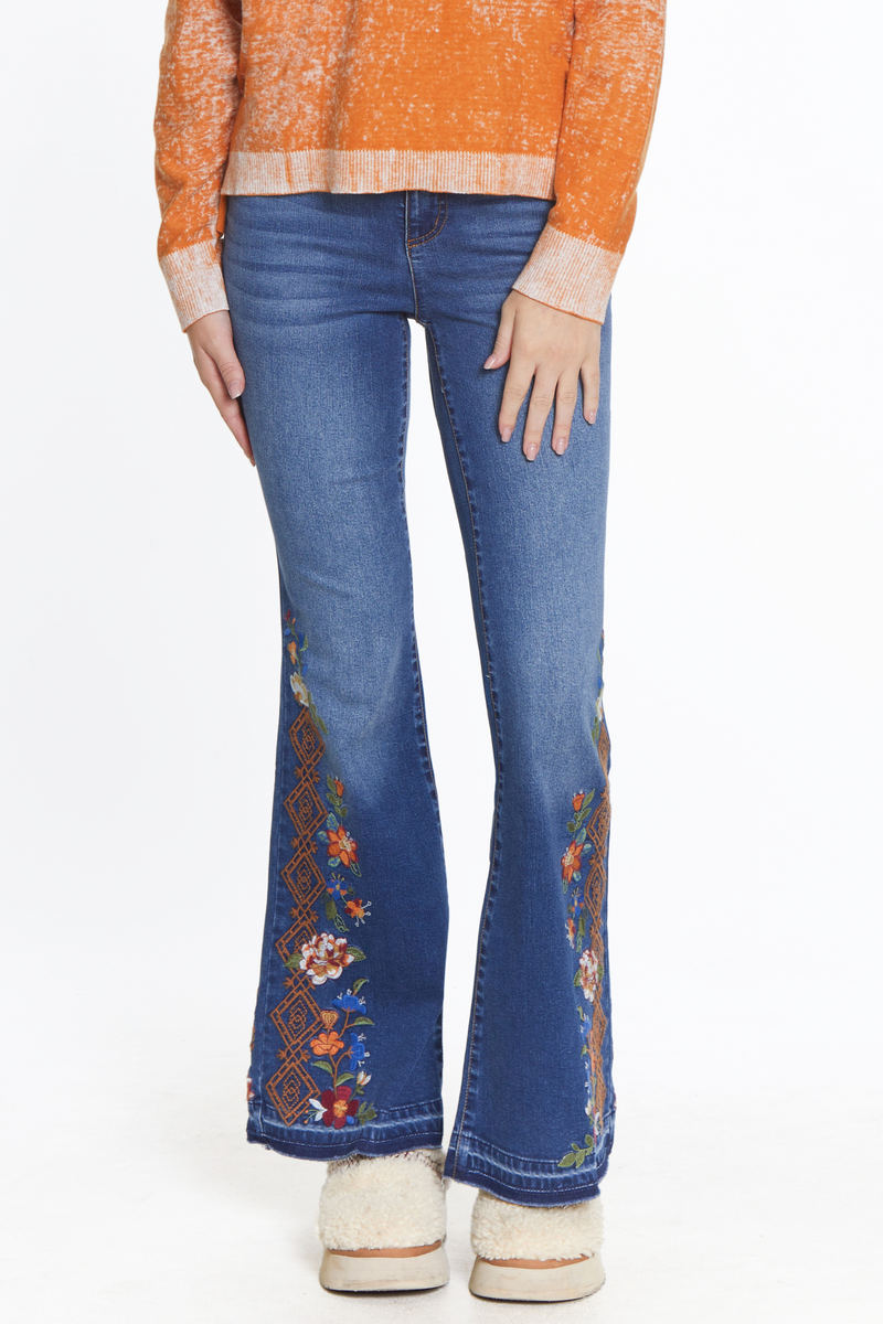 Embroidered Flare Jean - Medium Indigo