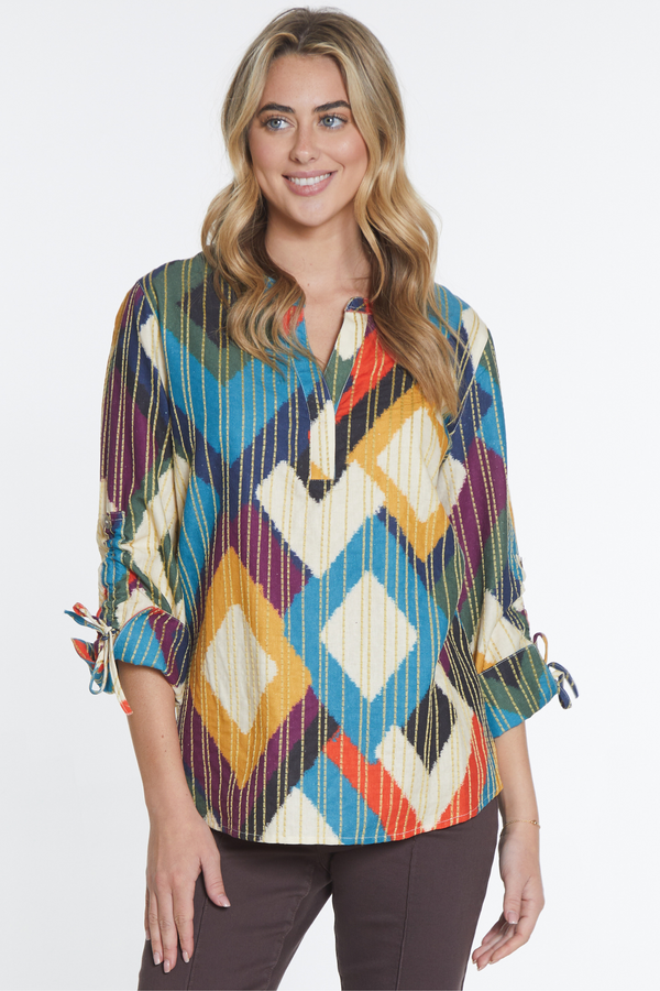 Stitched Print Henley Top - Multi