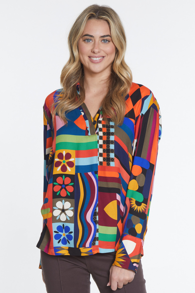 Print V-Collar Shirt - Multi