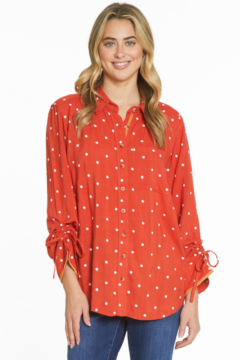 Embroidered Dot Print Shirt - Rust